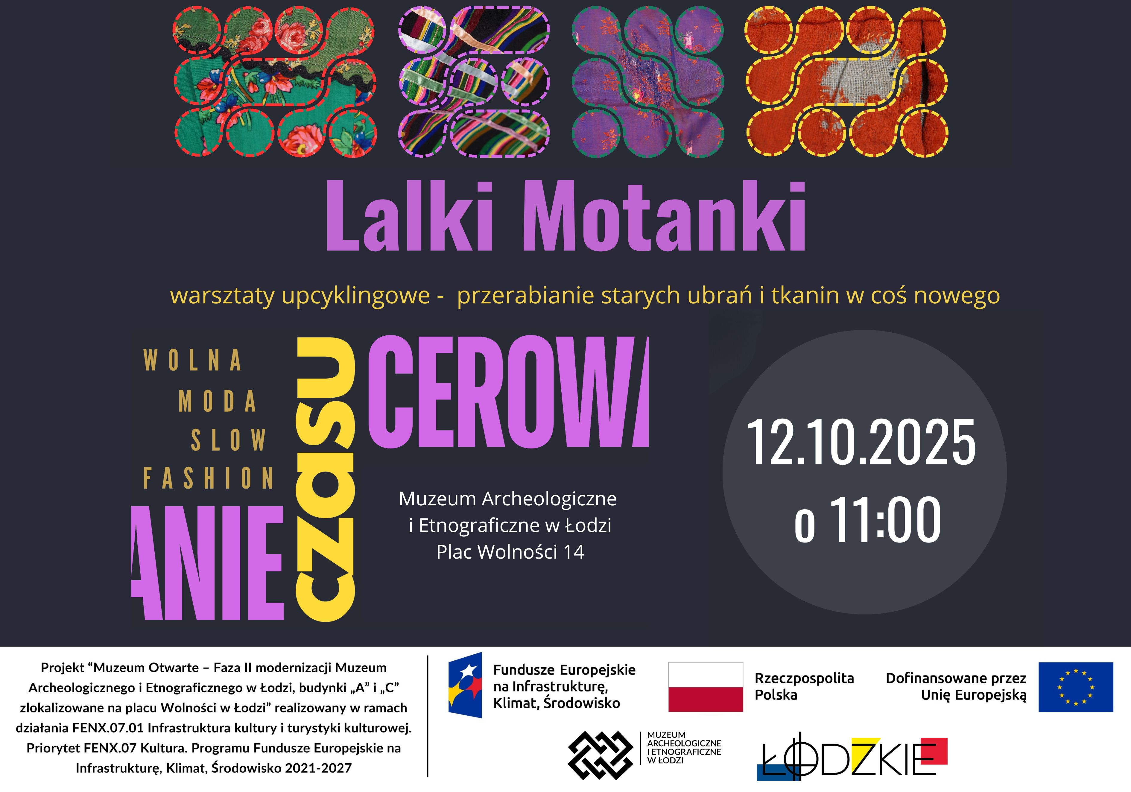 grafika na ciemnym tle, napis z tytułem spotkania oraz godziną rozpoczęcia warsztatów, na dole logotypy unijne 