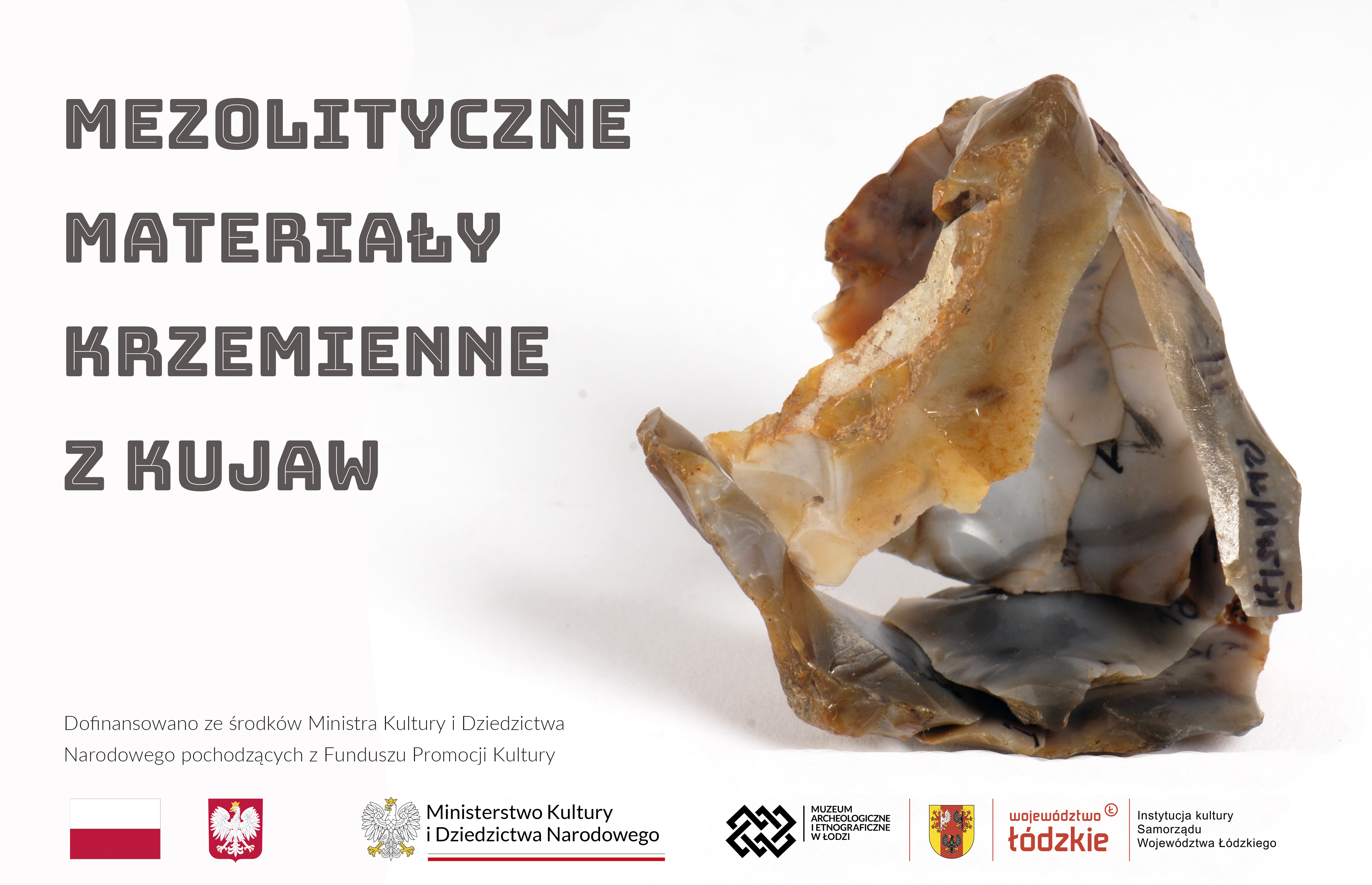 grafika przedstawiająca obiekt krzemienny, obok napis "mezolityczne materiały krzemienne z Kujaw" 