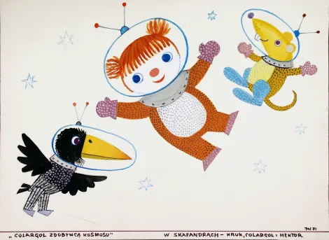 Projekt do filmu animowanego w reżyserii Tadeusza Wilkosza- „Colargol zdobywcą kosmosu” z roku 1978. Kredki na papierze, w centralnym punkcie postać głównego bohatera- misia Coralgola o rudych włosach z włóczki i okrągłych błękitnych oczach. Prócz Misia w lewej części narysowano czarnego kruka o długim żółtym dziobie, po prawej Szczurka z wystającymi zębami. Bohaterowie mają na sobie skafandry kosmiczne w kropki z charakterystycznymi przezroczystymi hełmami z antenkami, nieco przypominającymi kuliste akwari