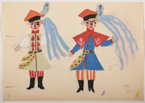 Krakowiacy - Projekt dwóch mężczyzn w strojach inspirowanych strojami krakowskimi, w rogatywkach z pawimi piórami, spodniach w pasy i bogato zdobionych kaftanach. Mężczyzna po lewej stronie ubrany w kaftan beżowy z czerwonymi akcentami, po prawej niebieski z czerwonym kołnierzem.