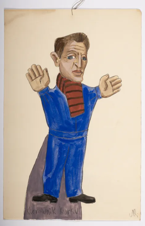 Kierownik kursu - Projekt mężczyzny w niebieskim ubraniu z czerwonym szalikiem w cienkie czarne paski.