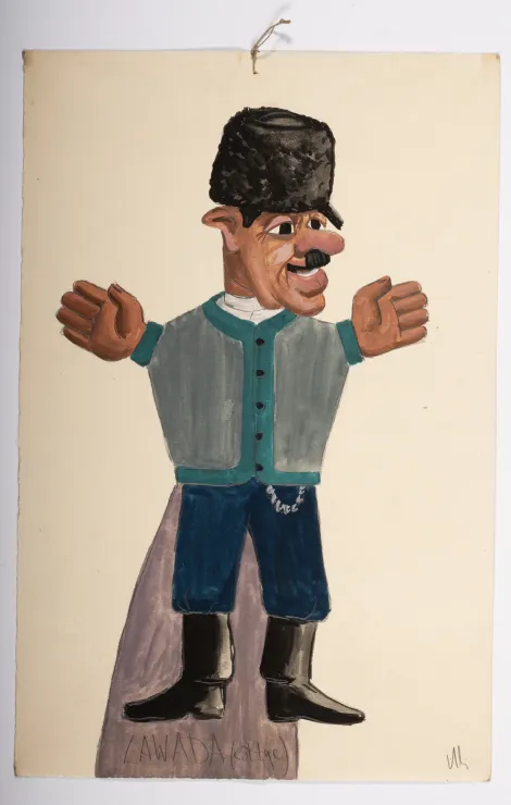 Zawada (Sołtys) - Projekt mężczyzny w wyższej brązowej czapce, w szarym swetrze z turkusową lamówką i niebieskich spodniach oraz filcowych butach. 