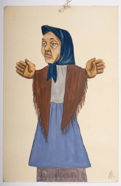 Marczykowa - Projekt kobiety w granatowej chustce na głowie, brązowej chuście na ramionach i niebieskiej spódnicy.