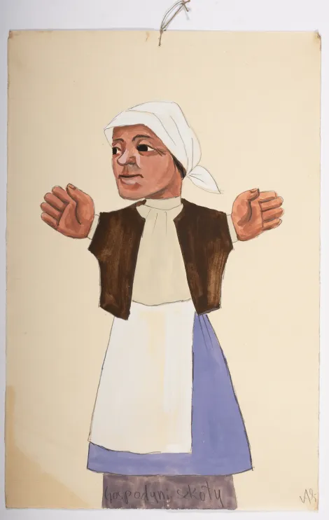 Gospodyni szkoły - Projekt kobiety z białą chustą na głowie. Ubrana w écru bluzkę z brązową kamizelką i niebieską spódnicę z białym fartuchem.