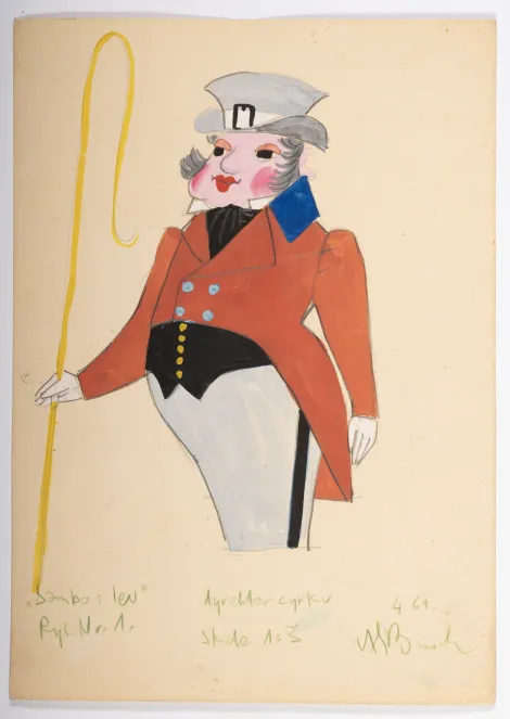 Dyrektor cyrku - Projekt otyłego, starszego mężczyzny o różowych policzkach w szarym cylindrze. Ubrany w czerwony frak i szare spodnie. W prawej dłoni trzyma żółty pejcz.