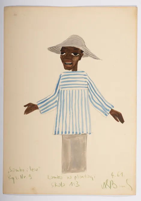 Lamba na plantacji - Projekt młodego, ciemnoskórego mężczyzny w szarym kapeluszu i białej bluzce w niebieskie paski.