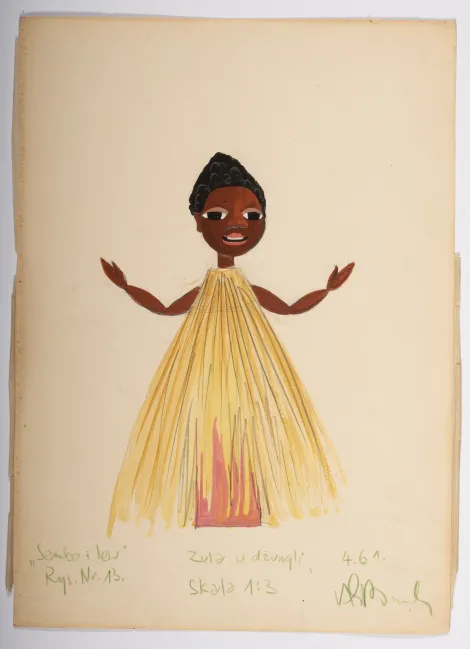 Zula w dżungli - Projekt ciemnoskórej dziewczyny w sukience z żółtej rafii i łososiowej tunice.