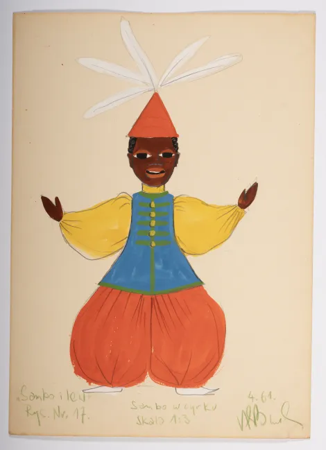 Sambo w cyrku - Projekt ciemnoskórego chłopca w stożkowatej czapce z pięcioma białymi piórami. Ubrany w żółtą koszulę, niebieską kamizelkę i czerwone spodnie alladynki.