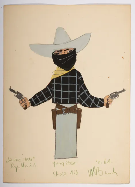 Gangster - Projekt mężczyzny w szarym kowbojskim kapeluszu i czarnej bandamie zasłaniającej twarz. Ubrany w czarną koszulę w kratę i szary dół. Na biodrach dwie skrzyżowane brązowe kabury. W obu dłoniach trzyma rewolwery.