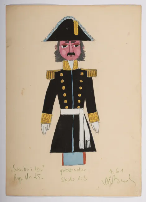 Gubernator - Projekt mężczyzny w  czarnym trójkątnym „napoleońskim” kapeluszu. Ubrany w czarny strój generała ze złotymi dodatkami.