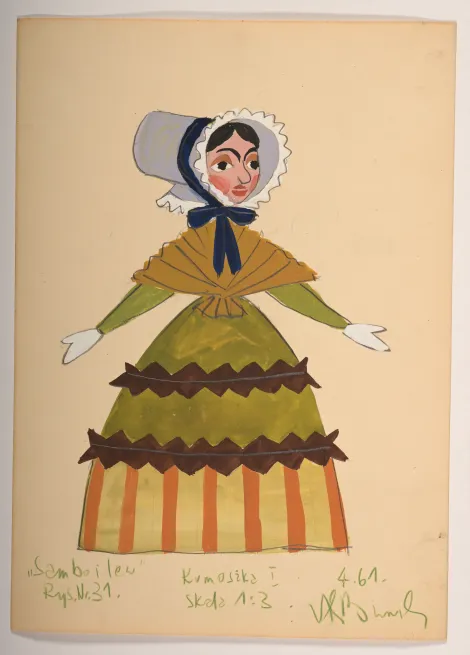 Kumoszka I - Projekt kobiety w szarym czepku, w długiej sukni w odcieniach zieleni i brązów.