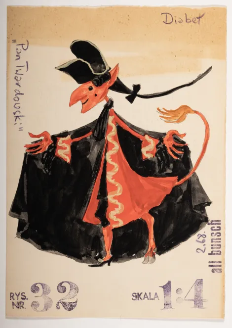 Diabeł - Projekt diabła w czarnym kapeluszu, czerwonym płaszczu i czarnej pelerynie.