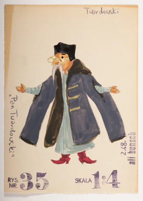 Twardowski - Projekt mężczyzny w okularach, z jasnoszarymi długimi wąsami, w czarnej czapce. Ubrany w błękitno-szarą szatę, granatowy płaszcz i czerwone kozaki.