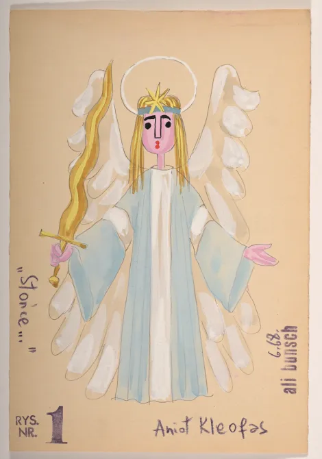 Anioł Kleofas - Projekt anioła z aureolą nad głową, w długiej biało-błękitnej szacie, dużych białych skrzydłach. W prawej dłoni trzyma złoty długi, pofalowany miecz.