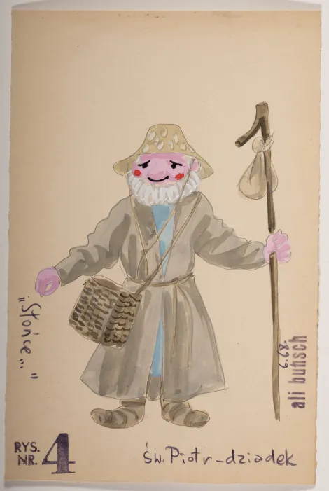 Św. Piotr – dziadek - Projekt starszego mężczyzny z brodą, w beżowym kapeluszu, w błękitnej długiej szacie, długim szarym płaszczu z torbą przewieszoną przez ramię. W prawej dłoni trzyma kij z zawieszonym u góry woreczkiem.