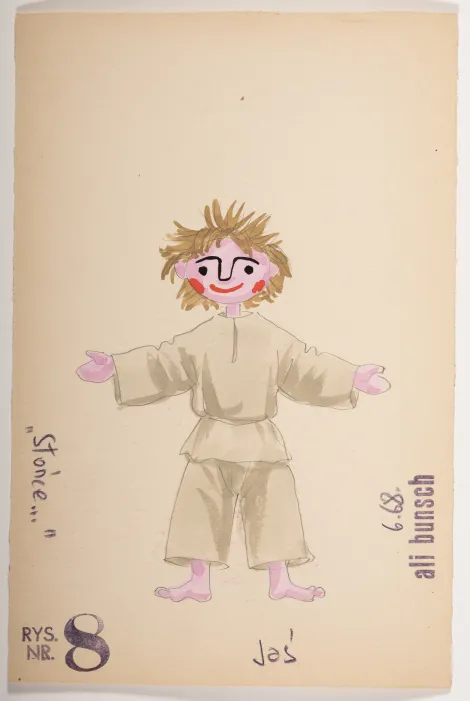 Jaś - Projekt chłopca z zwichrzonymi, brązowymi włosami, ubrany w szarą koszulę i spodnie.