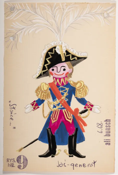 Jaś – generał - Projekt młodego mężczyzny w czarnym kapeluszu z piórami, w niebieskim mundurze z długim tyłem i złotymi zdobieniami, przewieszoną czerwoną szarfą, w ciemnoróżowych spodniach, czarnych oficerkach i czarną szablą.