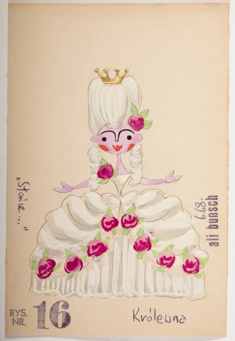 Królewna - Projekt kobiety w wysoko upiętej fryzurze z koroną, w szaro-białej balowej sukni, przyozdobiona czerwonymi kwiatami.