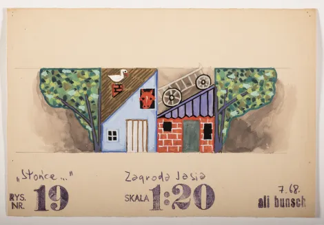 Zagroda Jasia - Projekt dekoracji z błękitnym budynkiem z kaczką na kominie. Obok budynek z czerwonej cegły, z wozem na dachu. Po bokach domów drzewo.