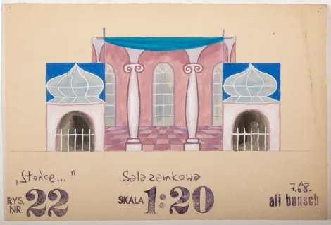 Sala zamkowa - Projekt dekoracji wnętrza sali z wysokimi oknami i kolumnami z podłogą z naprzemiennie ułożoną szachownicą w kolorze różowym i ciemnoróżowym. Po bokach rotundy o jasnoróżowej elewacji.