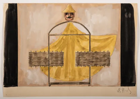 Postać męska w żółtej szacie – Projekt postaci męskiej w żółtym kapeluszu i szacie, przed nią wieszak na kółkach z dwoma poziomymi, wiklinowymi brązowymi prostokątami