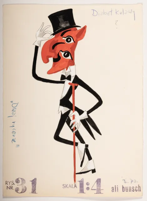 Diabeł kulawy – Projekt postaci z czerwoną twarzą z dwoma oczami jedno pod drugim, czarnym cylindrem, ubrana w białą koszulą, czarny frak, pod lewą ręką czerwona laska.