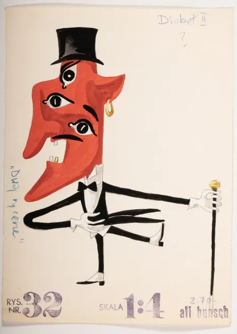 Diabeł II – Projekt postaci z dużą czerwoną twarzą z trzema oczami jedno pod drugim, czarnym cylindrem, ubrana w białą koszulą, czarny frak, w lewej dłoni czarna laska.