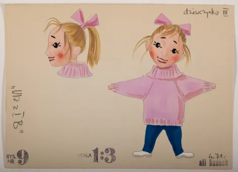 Dziewczynka III – Projekt dziewczynki o jasnobrązowych włosach upiętych z tyłu w kitkę różową kokardą, ubrana w jasnoróżowy sweter, niebieskie spodnie i białe buty. Brak dłoni.