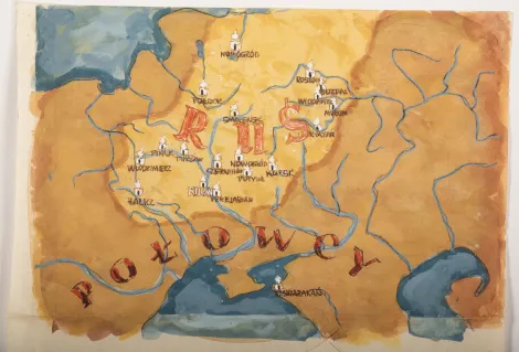 Mapa – Projekt mapy Europy z dużymi czerwonymi napisami RUŚ, POŁOWCY