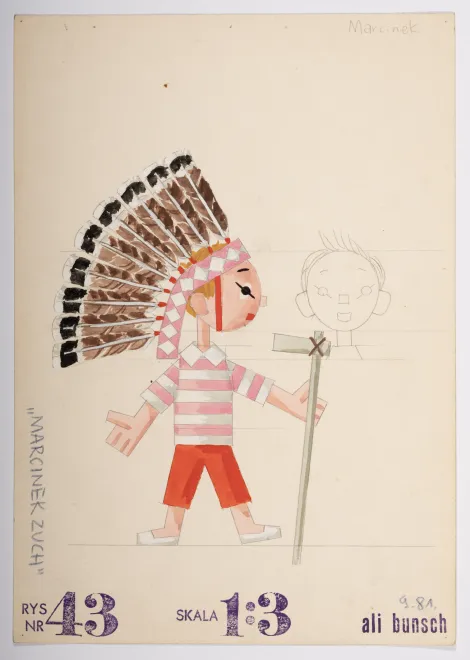 Marcinek – Projekt chłopca w indiańskim pióropuszu, z głową zwróconą w prawą stronę, w koszulce w białe i różowe paski, czerwonych spodenkach, trzymający w lewej dłoni toporek.