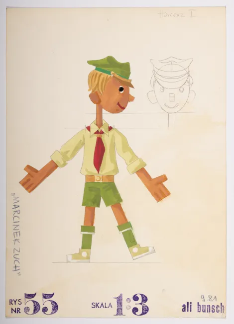 Harcerz I – Projekt uśmiechniętego chłopca o miodowożółtych włosach, z głową zwróconą w prawą stronę, w harcerskim stroju.