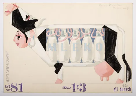 Krowa Kordula – Mleczarnia – Projekt personifikowanej krowa z głową zwróconą w lewą stronę. Na tułowiu krowy namalowano pięć butelek z napisem MLEKO.