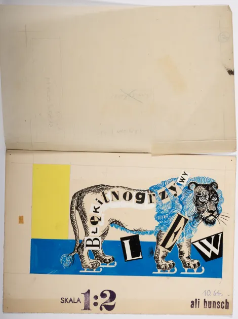 Projekt plakatu „Błękitnogrzywy lew” – Projekt przedstawia dorosłego samca lwa o błękitnej grzywie na łyżwach.