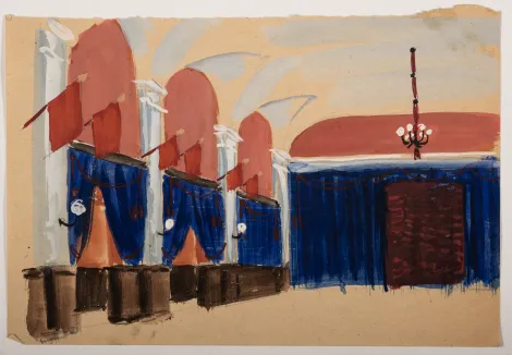 Projekt foyer - Projekt foyer z szaro-białymi kolumnami i czerwonymi flagami, granatowymi kotarami z bordowymi sznurami, brązową lamperią i łososiowymi półkolistymi sklepieniami.