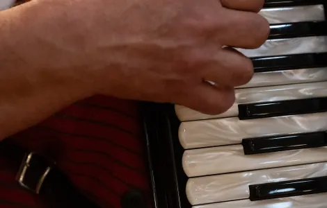 zbliżenie na klawisze akordeonu oraz naciskające je dłoń 