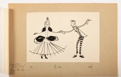 Projekt Królewny i tytułowego krawca Niteczki, Królewna w rozkloszowanej czarno-białej sukience w poziome pasy. 