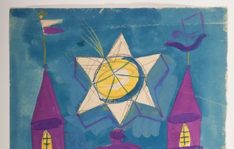 Fioletowy budynek o dwóch wieżach zwieńczonych chorągiewkami, pomiędzy wieżami kopuła nad którą wyłania się sześcioramienna gwiazda, pod wieżami wkomponowany napis: PASTORAŁKA, projekt zorientowany w pionie