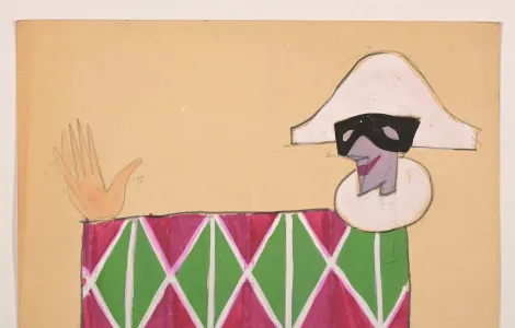 Rysunek na jasnobrązowym tle przedstawia stylizowaną postać w półfiguralnym ujęciu. Postać nosi kapelusz w kremowym kolorze, przypominający kapelusz napoleoński oraz czarną maskę zakrywającą oczy. Twarz jest z zaznaczonym nosem i ustami w kolorze różowym. Strój składa się z geometrycznego wzoru w intensywnych barwach: fuksji i zieleni, przedzielonych białymi, ukośnymi liniami, tworzącymi romby