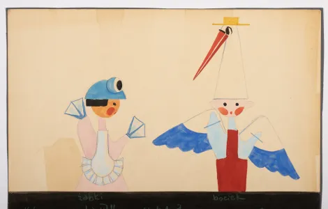 Po lewej stronie projekt kostiumu dla żabek, ukazany z profilu, niebieski kapelusz z oczami, w miejscu dłoni płetwy, po prawej stronie projekt kostiumu dla boćka, kapelusz wyglądający jak głowa bociana w żółtym kapeluszu