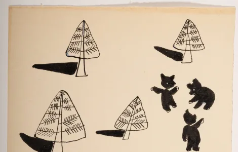 Minimalistyczny projekt iglastego lasu i trzech czarnych niedźwiadków.