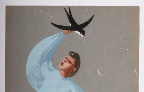 na szarym kartonie postać Kobiety w niebieskiej sukience, trzymającej jaskółkę